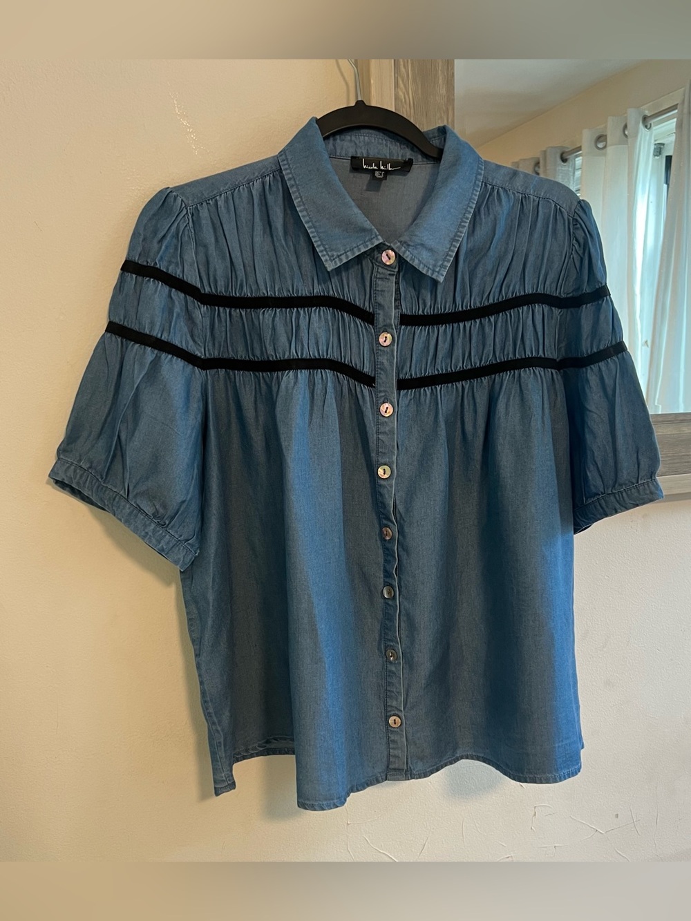 Nicole Miller Blue Denim Button-Down Blouse with Black Trim
